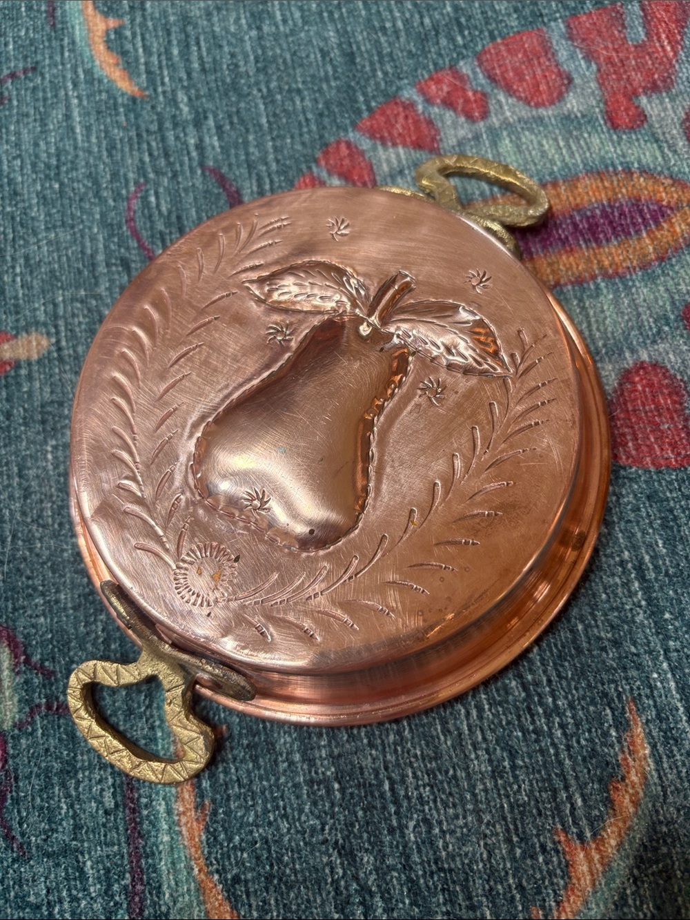 Vintage Embossed Pear Copper Serving Dish jello mold with Brass Handles